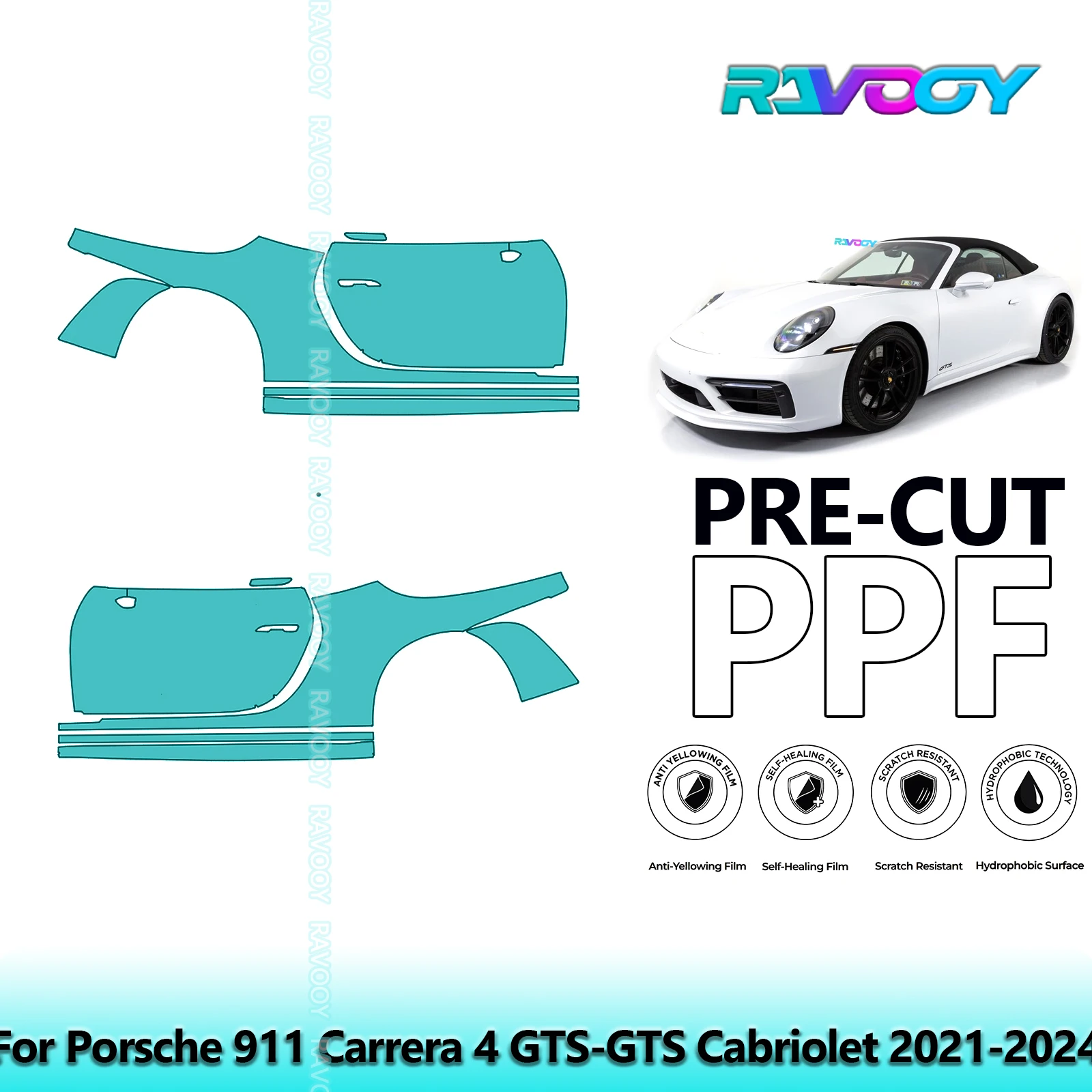 

For Porsche 911 Carrera 4 GTS-GTS Cabriolet 2021-2024 8.5mil Pre-Cut PPF Door & A/B Pillar Kit TPU Paint Protection Film Set
