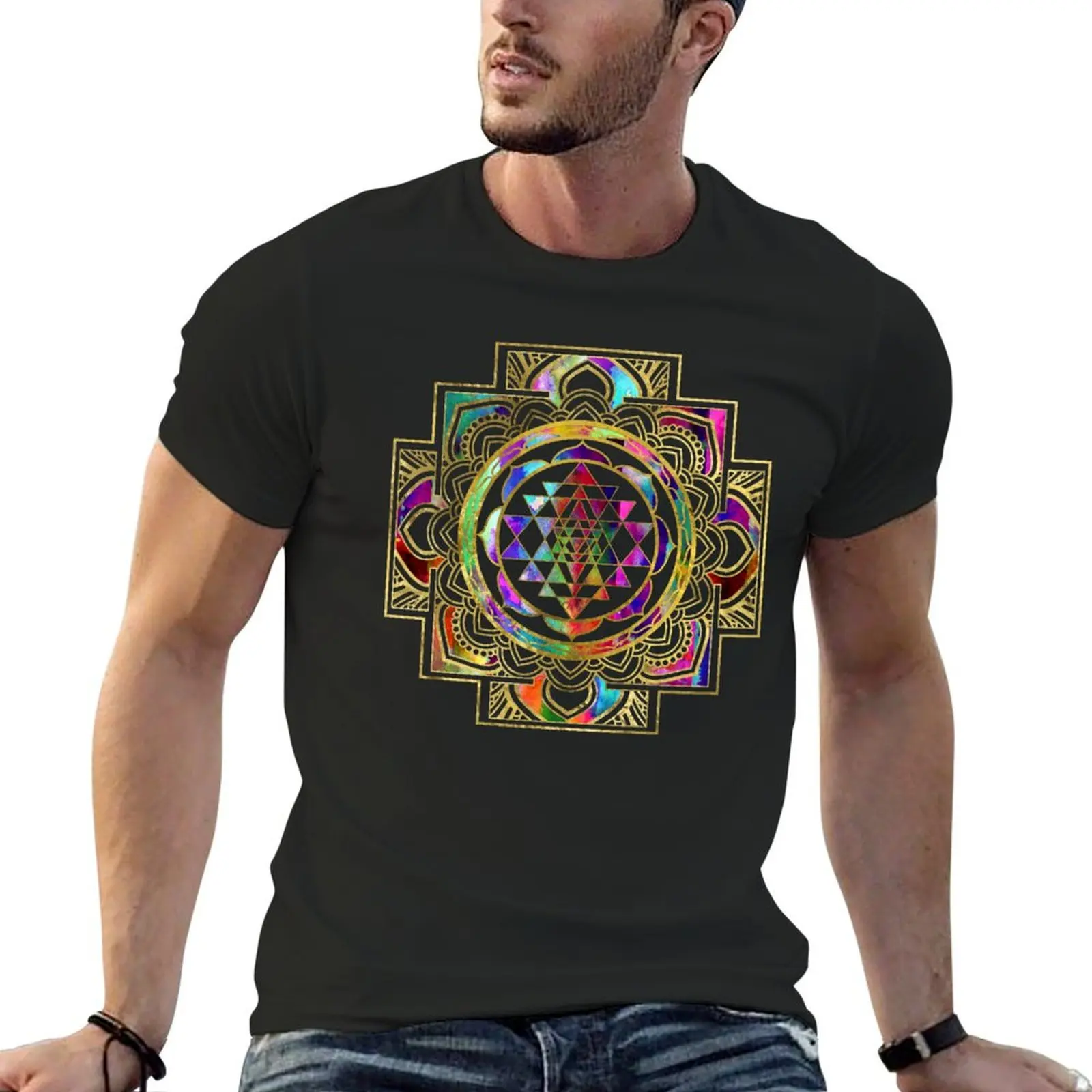 Colorful Gold framed Sri Yantra Sri Chakra T-Shirt korean fashion customizeds t shirt men