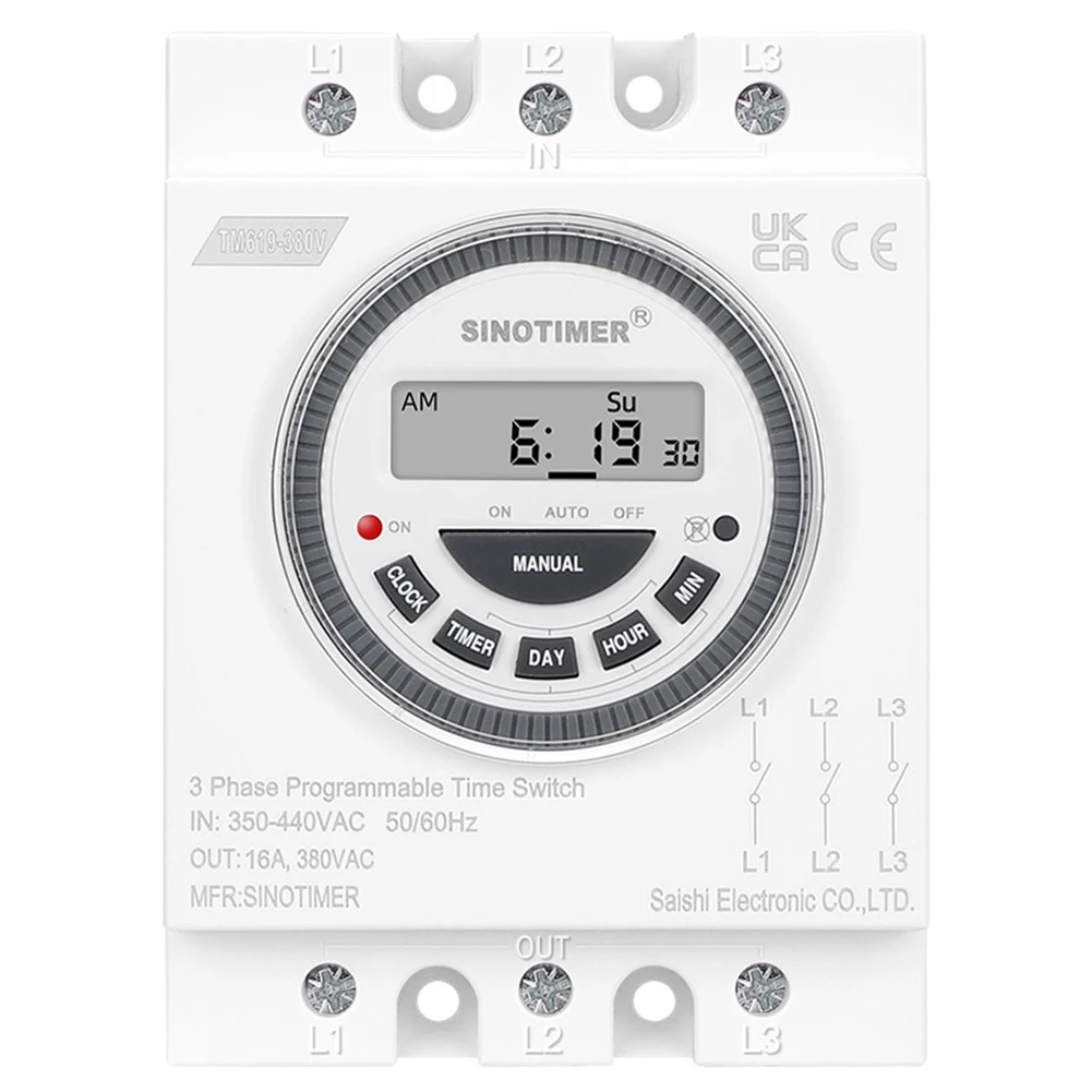 TM619-380V Multipurpose Digital Programmable Time Switch 7-Day 18 ON/OFF Timer Settings Three Phases for Exhaust Fan/Water Pump