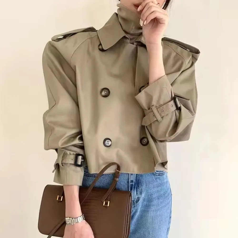 

Spring Autumn Double-Breasted Leisure Long-Sleeved Ladies Windbreaker Outerwear Retro Lapel Design Sense Women Short Trench Coat