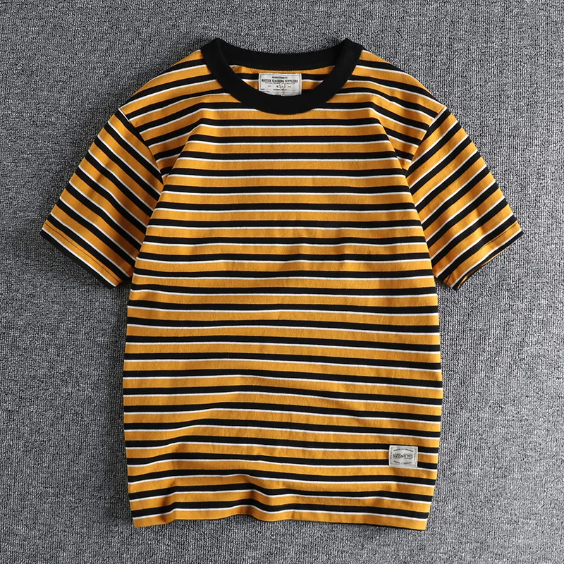 Vintage Sailor\'s Striped T Shirts for Men Summer Half Sleeve 250GSM Heavy 100% Cotton Washed T-shirt for Youth Male Tees Tops