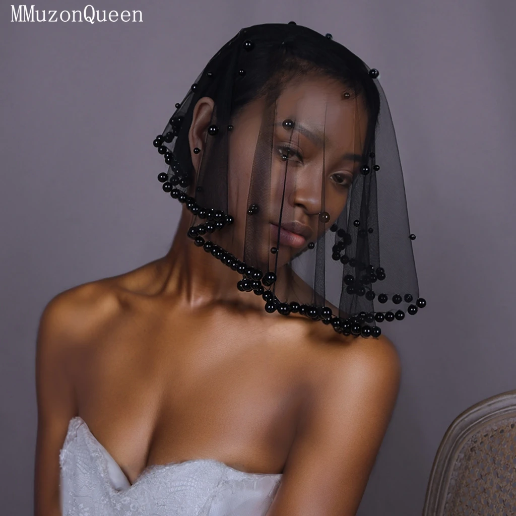 

Модная короткая однослойная черная фата TOPQUEEN VA10 с жемчужными украшениями, таинственная мини-вуаль для коктейльных вечеринок