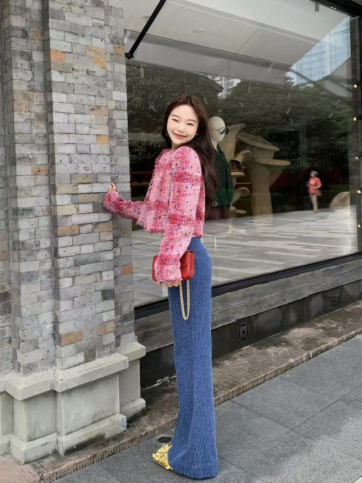 

High Waist Bell Bot Denim Jeans Women's Eye ching Street Sle Butt Lifting Long Trousers Cotton Cone ape No Stretch