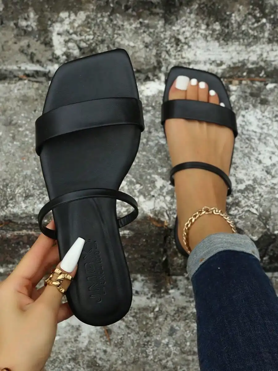 Women's Flat Sandals, New Summer Fashion Square Toe Open Toe, Black/White/Gold/Silver/Red/Blue, Comfortable Flat Double Strap Be