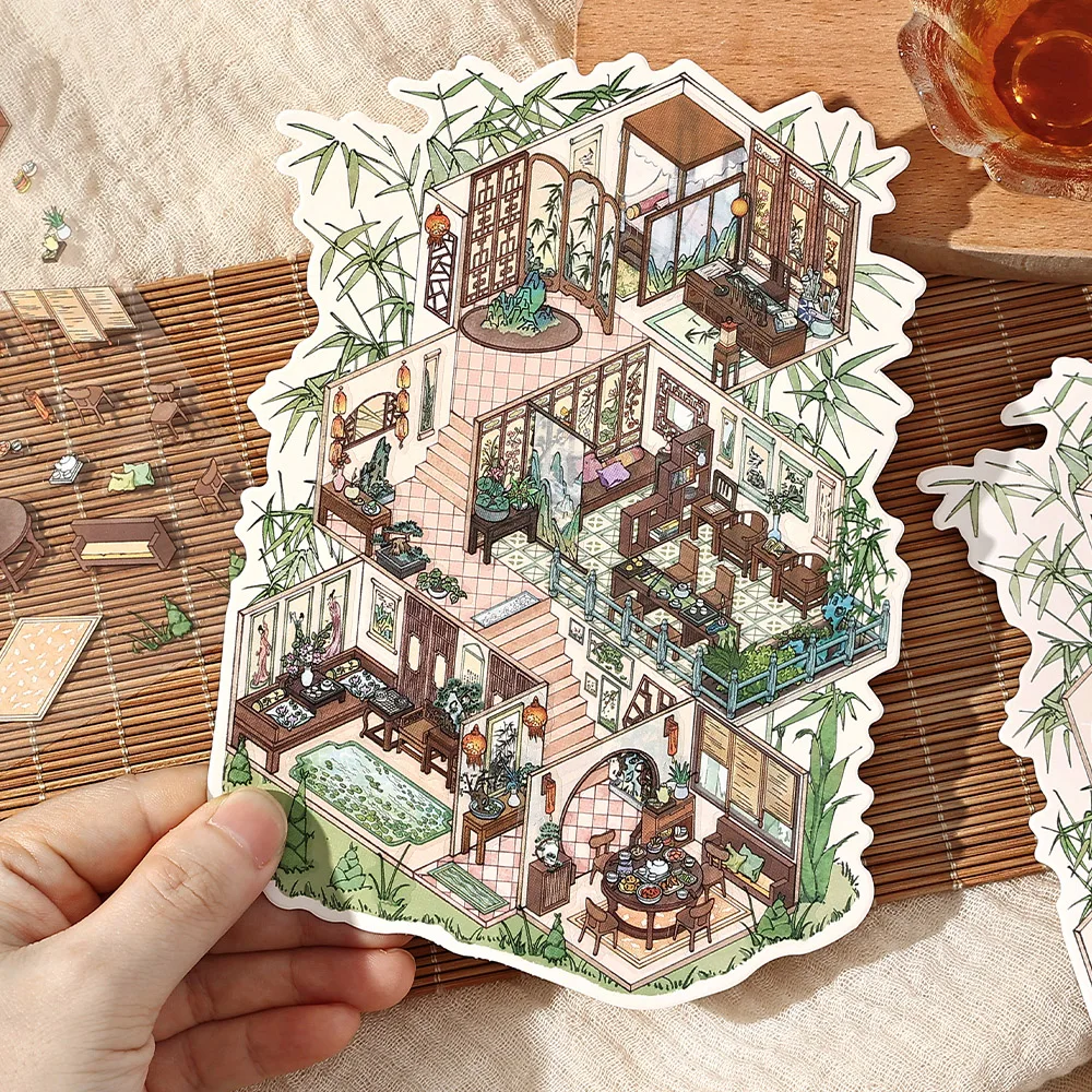 JIANQI Ancient style Small house Scene DIY Sticker Highly Playable Sticker Stacking Pasting Festival Birthday Gift for Kid Child