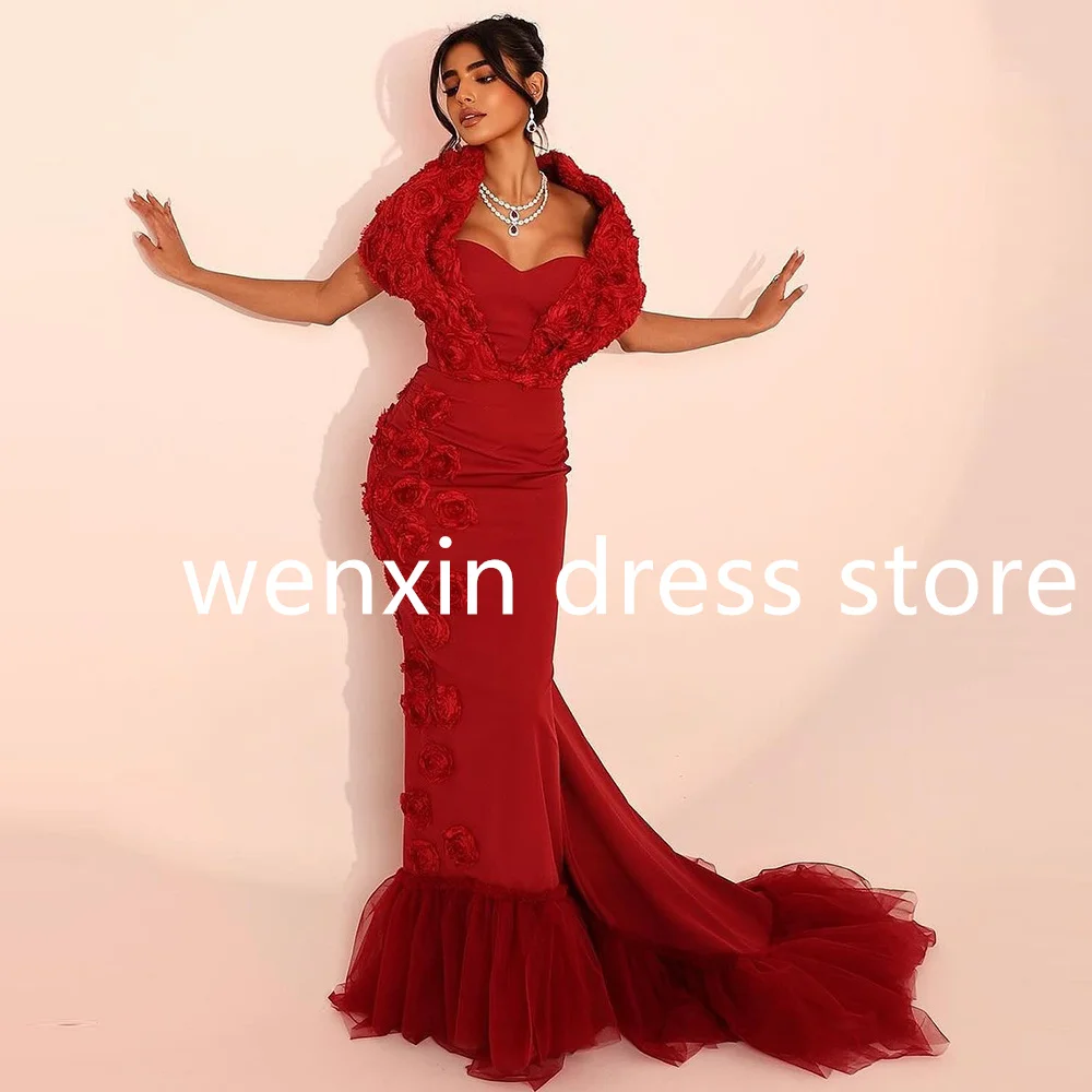 Exquisite Mermaid Red Floor Length Square Neck Jersey Sleeveless Evening Dress Classic Court Train Pleat 3D Flowers Saudi Arabia