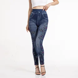 Mallas sin costuras para mujer, Jeggings estampados de algodón, pantalones vaqueros de imitación de cintura alta, Sexy, para Fitness