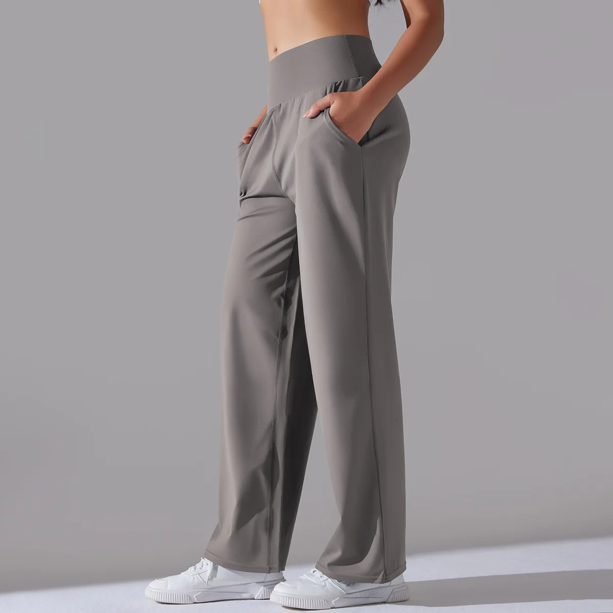 New milled high-waisted wide-legged pants sports and leisure yoga pants pockets to lift the buttocks and thin nine-minute pants