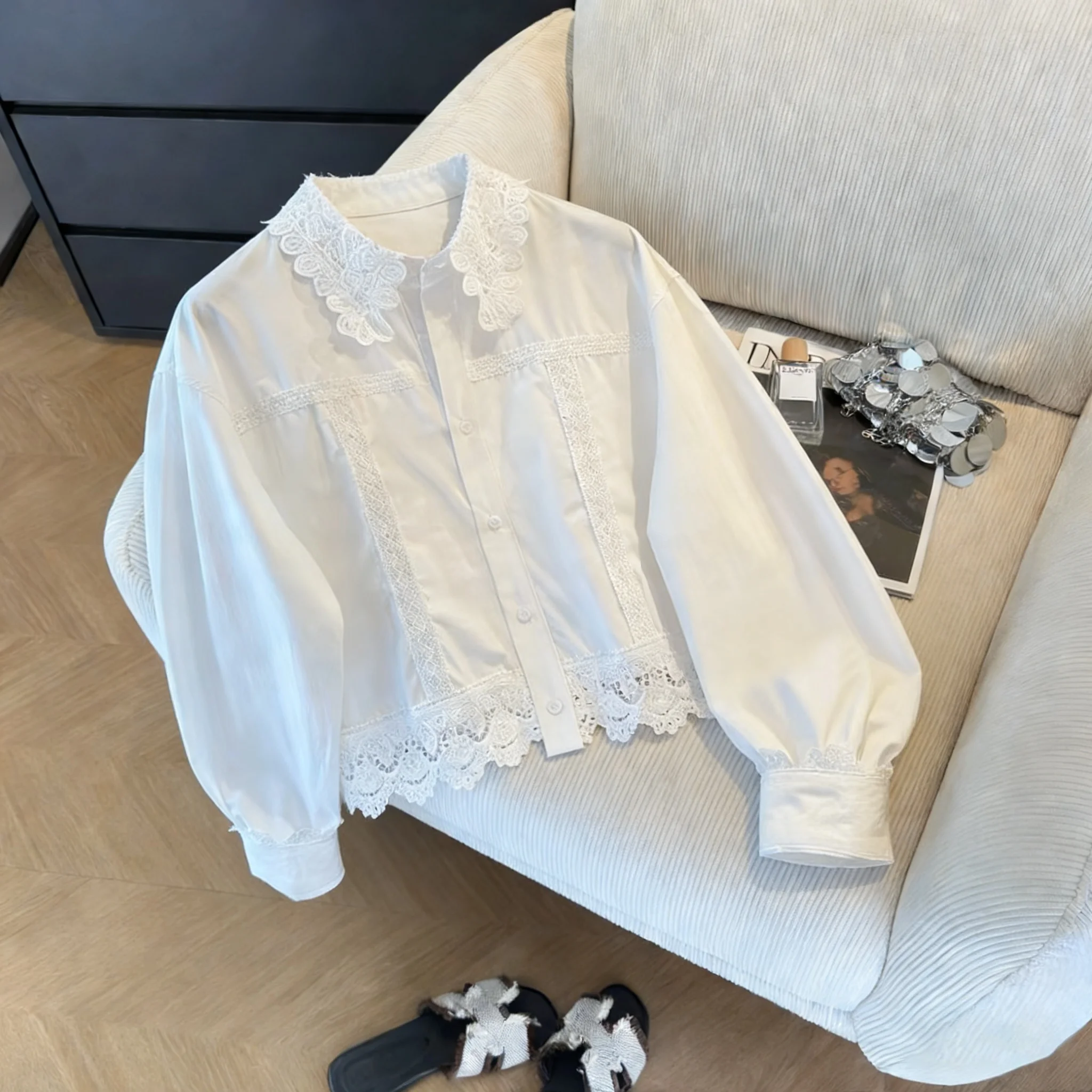 

Корейская модная молодежная блузка с кружевным воротником-стойкой для женщин, весна-осень, маленький размер, повседневный универсальный топ