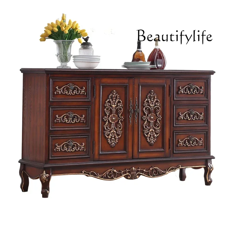 

European-style high-end retro dining side cabinet solid wood rural entrance meal preparation storage storage cabinet