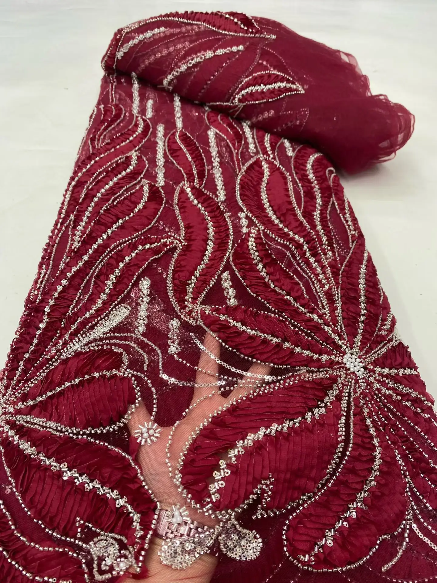 

2025 African Nigerian High-Quality Tulle Lace Fabric Sequins Embroidery French Guipure Wedding Party Dress Beaded 5Yards DP0483