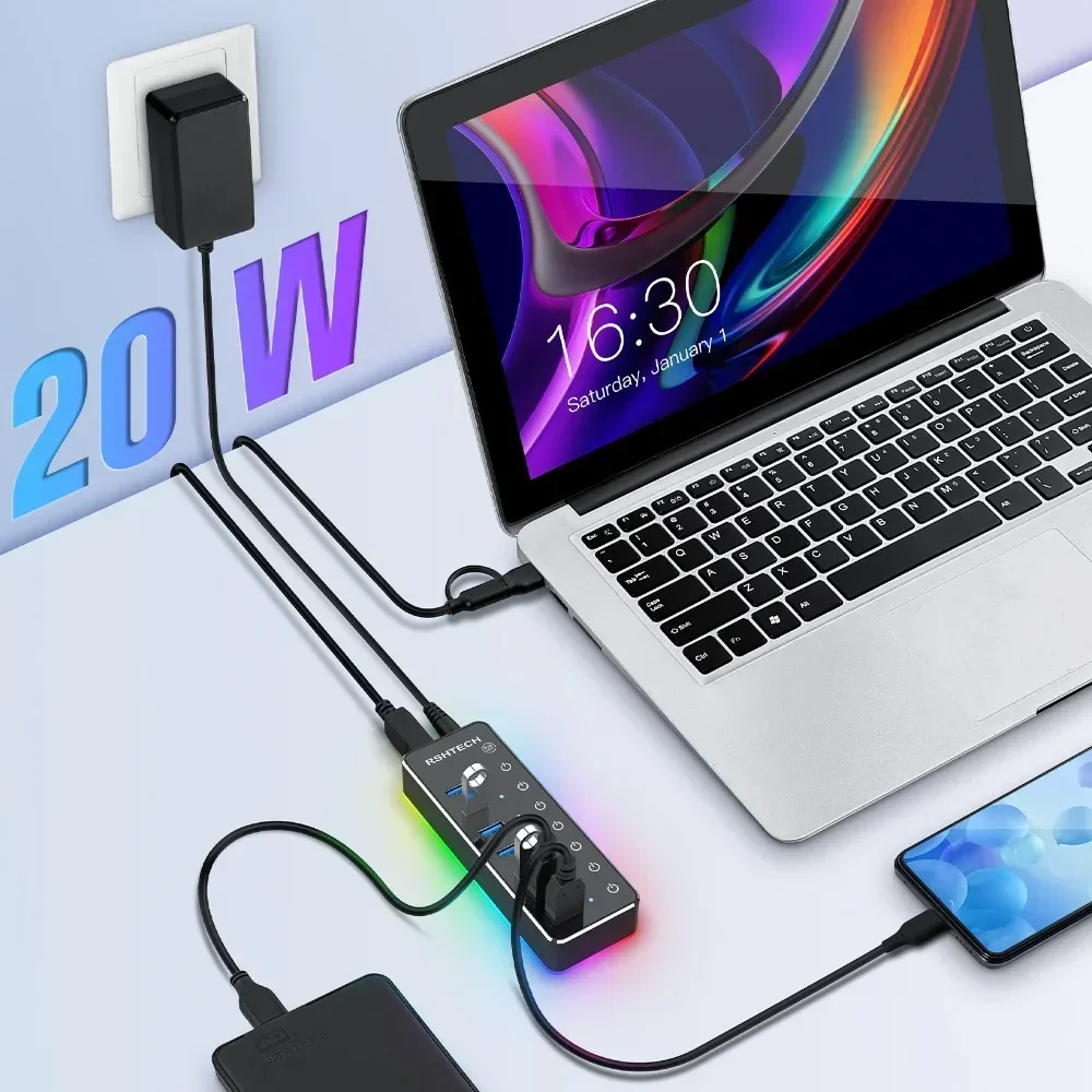 Imagem -06 - Adaptador de Energia Rshttech-alumínio para pc e Laptop Usb c Hub 5gbps Portas Usb 3.0 14 Modo Rgb Led Strip 20w