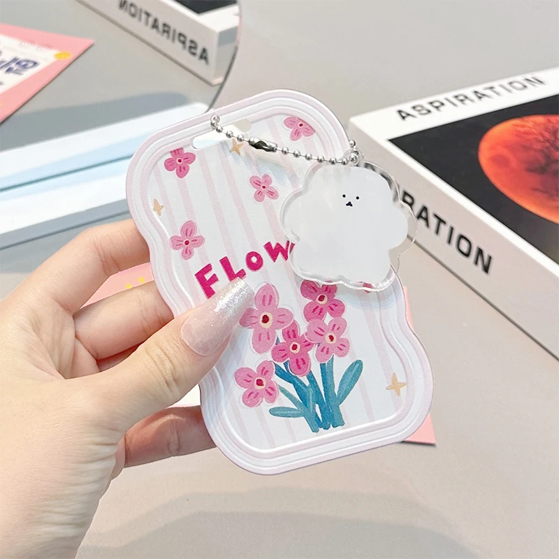 Pink Cute Flowers Photo Card Holder Design Idol Photo Sleeve Anti Lost Keychain Photocards Protector Case Student Meal Card