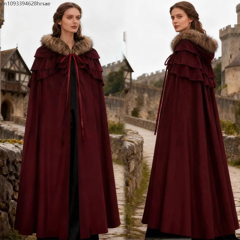 

Adult Medieval Winter Cloaks Fur Cape Retro Victorian Queen Cloak Knight Coat Shawl Wizard Priest Robe Unisex