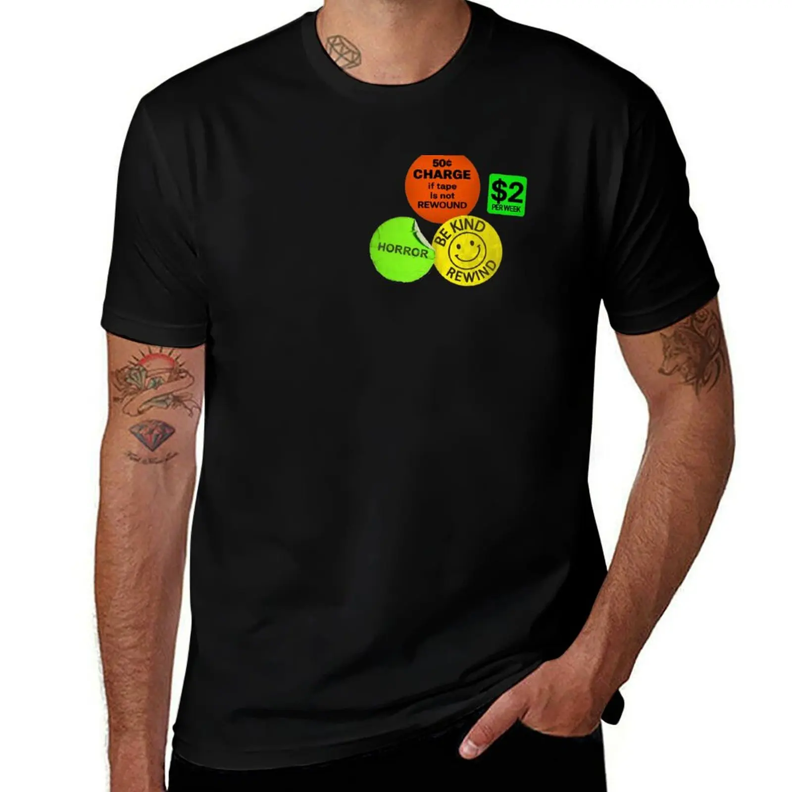 

Be Kind Rewind, Stickers, VHS tape T-Shirt Work Outdoor Short Sleeve Tee