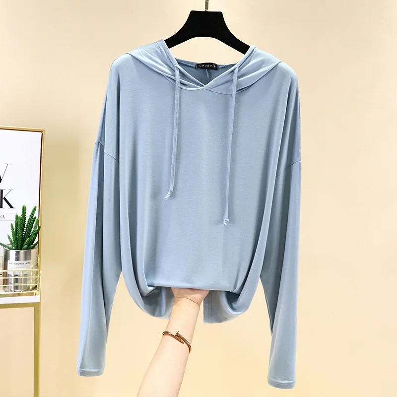 New ladies spring and autumn modal long-sleeved T-shirt large size hooded sweater loose bottoming shirt solid color top color