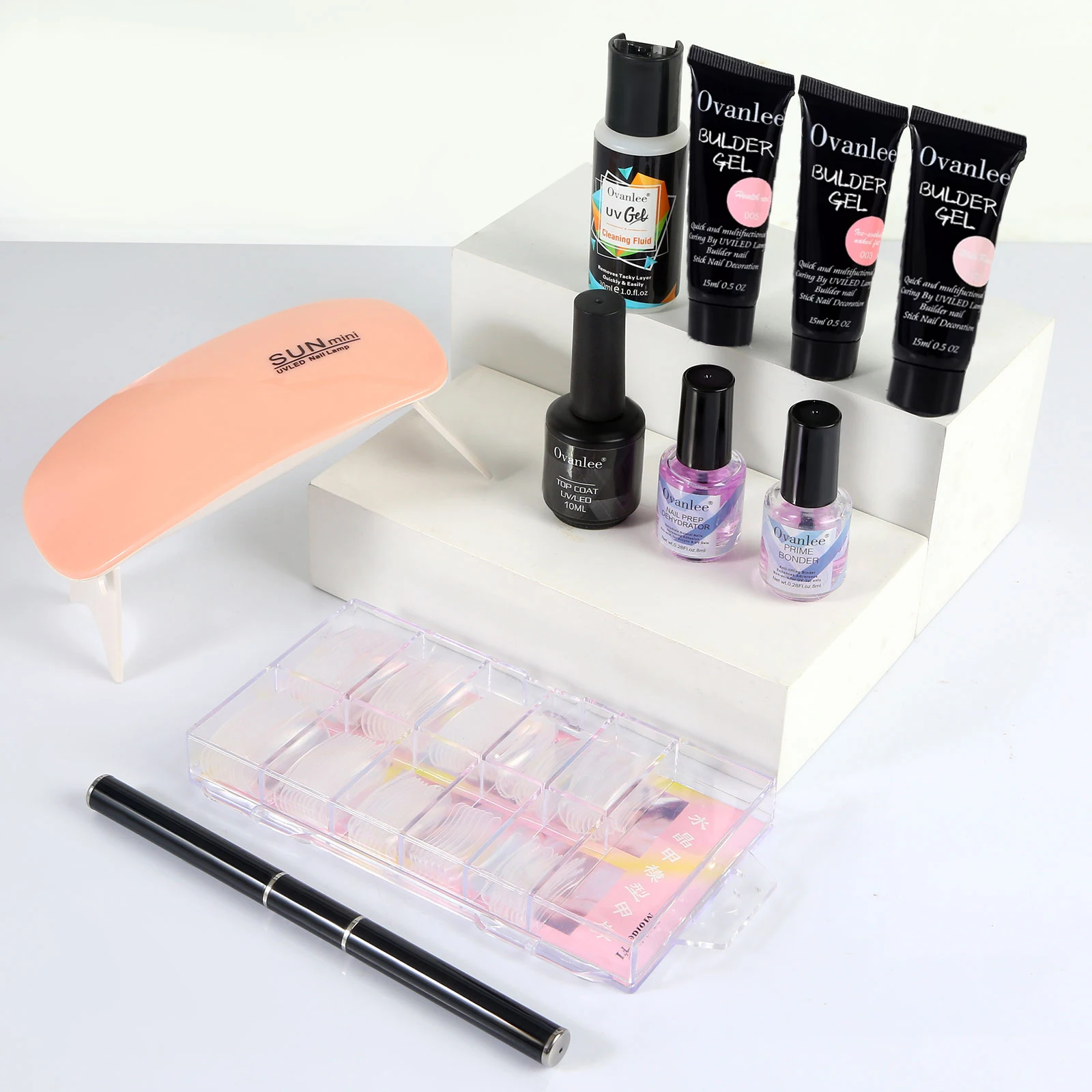Ovanlee 3-Tube Nail Extension Builder Gel Kit – Complete All-in-One Set with Mini UV/LED Lamp, Nail Prep Dehydrator, Primer Bonder, Top Coat, Dual Forms & Brush for DIY Home Manicure (15ml Each) gallery 7