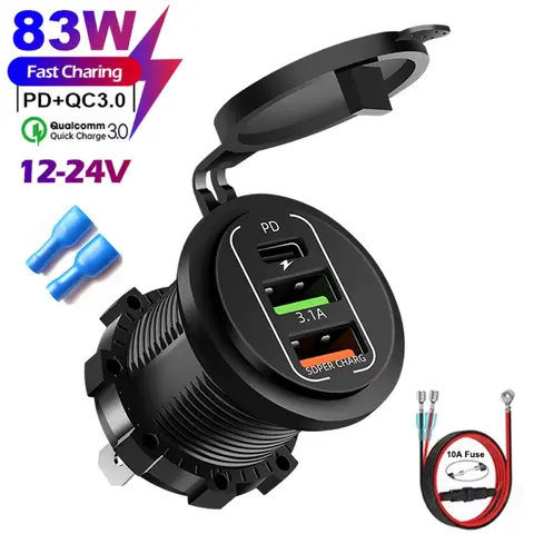 83W Max Phone Charger Socket 45W PD+QC3.0 Fast Charging Adapter Waterproof For 12/24V Car Boat Motorcycle with LED Voltmeter