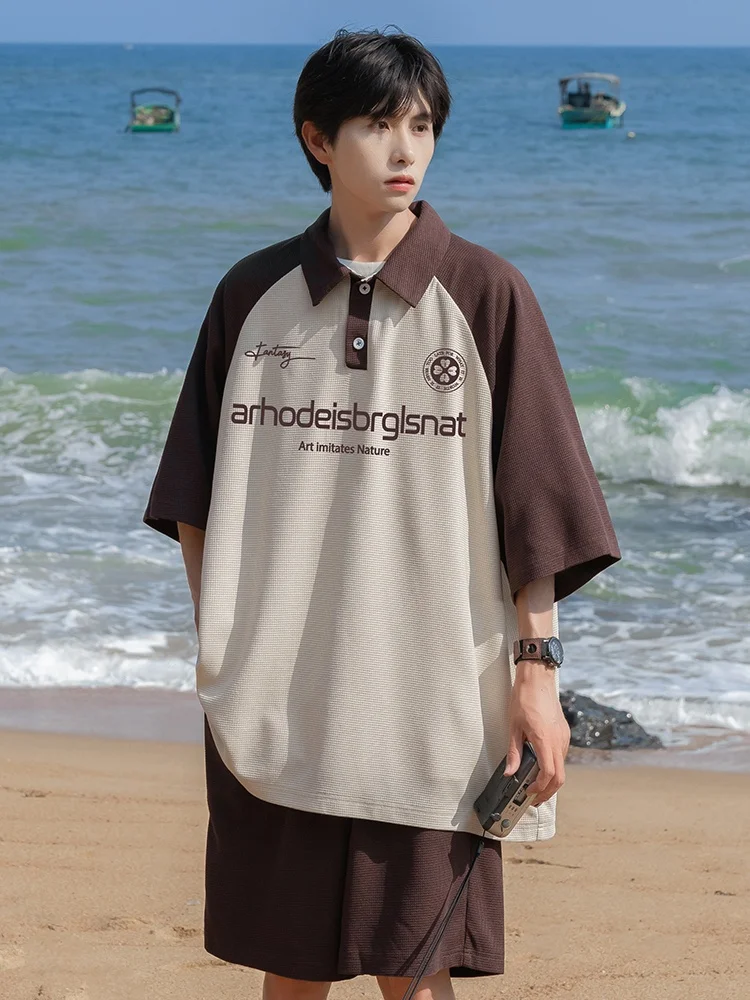 

American Retro Spliced Color ort Sve irt Men Summer Thin Loose Wer Set Teenage Turn Collar Casual Faion T-irt