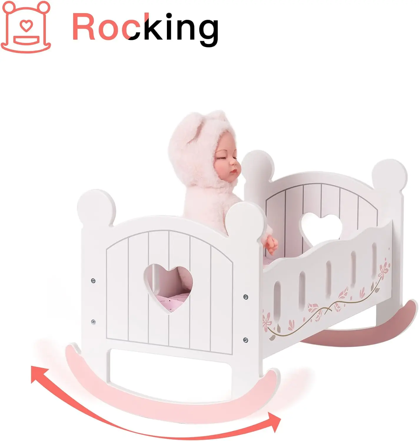 Robud boneka kayu ayunan bayi, tempat tidur boneka reversibel cocok untuk boneka hingga 18 inci