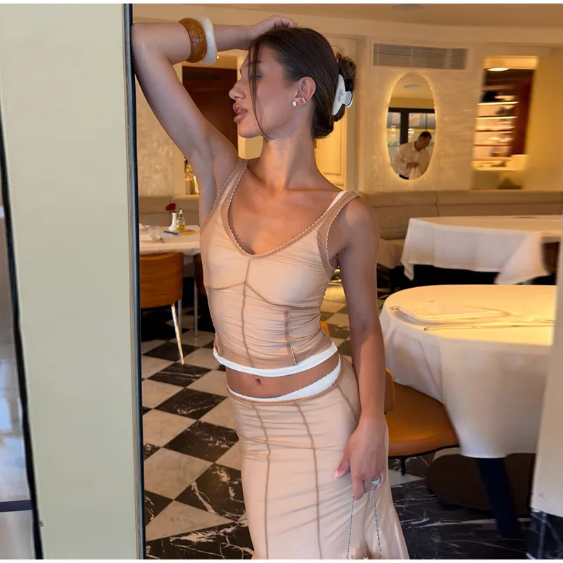 Doppellagige Mesh-Cropped-Tops und Rock-Sets für Damen, sexy Spaghetti-Träger, ärmelloses, figurbetontes Oberteil, enganliegender Midirock, schicke Damenanzüge – Detail 16