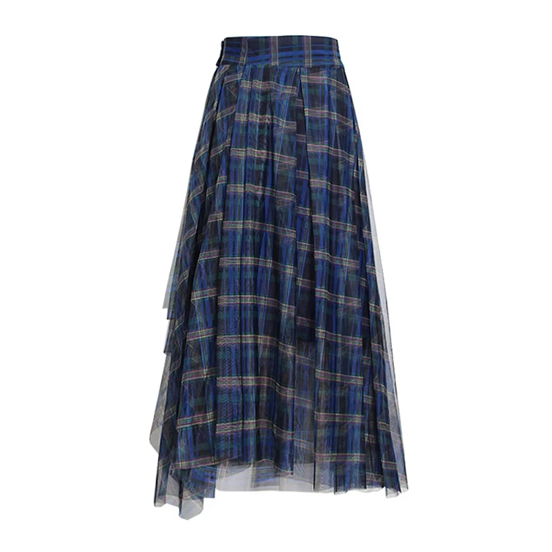 ECR Colorblock Plaid Printing Mesh Skirt For Women High Waist Patchwork Button Irregular Hem Minimalist Skirts Female Fashion