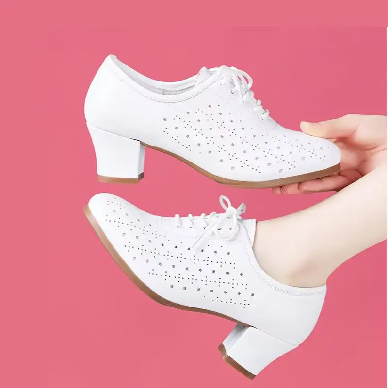 Leather Dance Shoes For Women White Hollow Latin Dance Modern Dance Shoes Anti Slip Wear-Resistant Comfortable Soft Soled Shoes