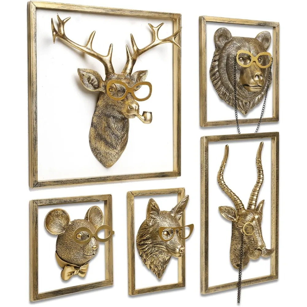

Vintage Gold Resin Animal Head Wall Decor Sculpture with Metal Frame for Living Room Bedroom Office Hanging Art