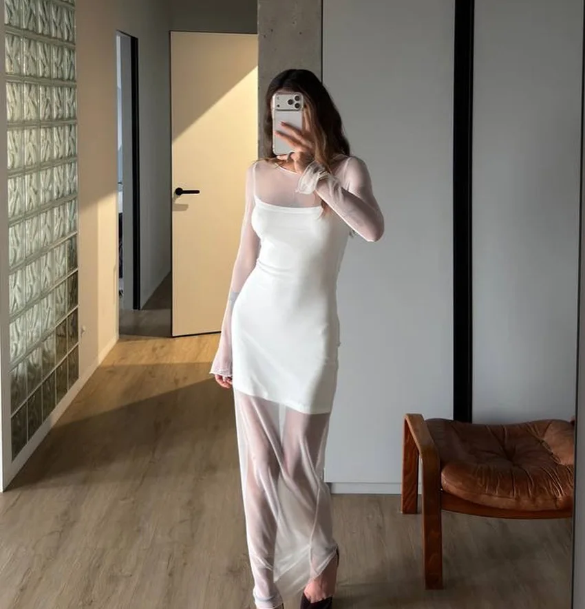

Women's Dress Summer New Elegant and Sexy Style Solid Color Transparent Mesh Splicing Double-Layer Design Hip Hugging Dress