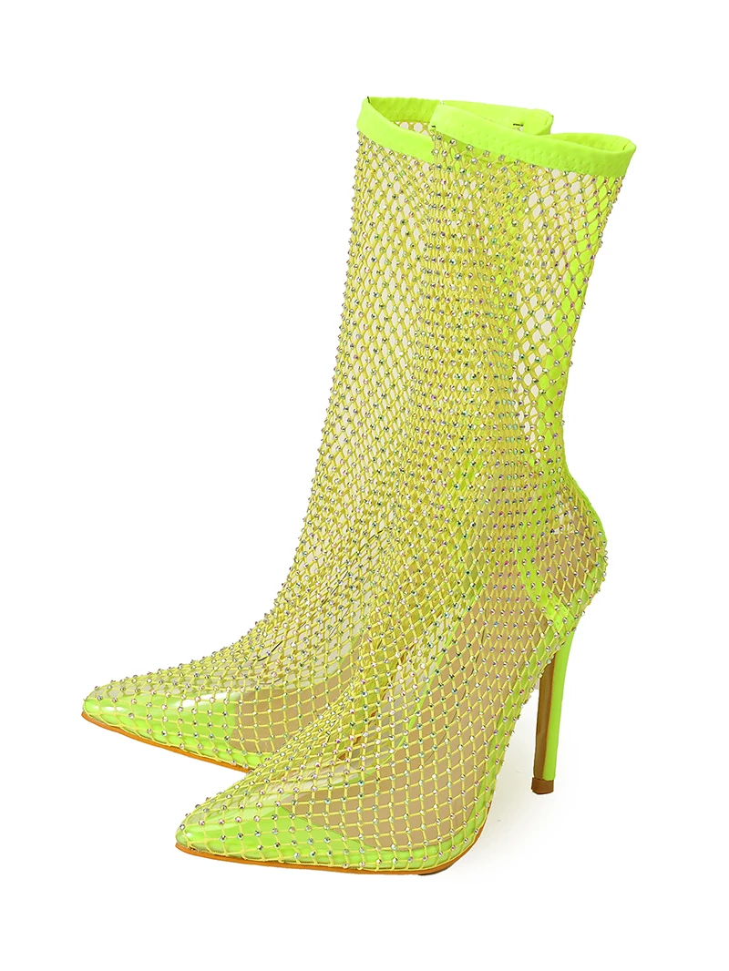 AIYKAZYSDL Mesh Net Clear Transparent ankle Boots Stretch Sock Boots Women High Heels Rhinestone Crystal Neon Green Yellow Shoes