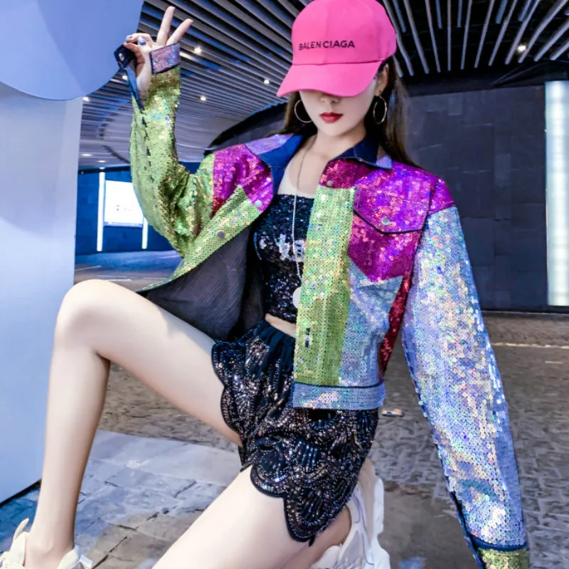 Women Sequins Denim Bomber Jacket Hip Hop Loose Harajuku Holes Spliced Embroidery Beading Coat Cardigan Jeans Streetwear Rompers