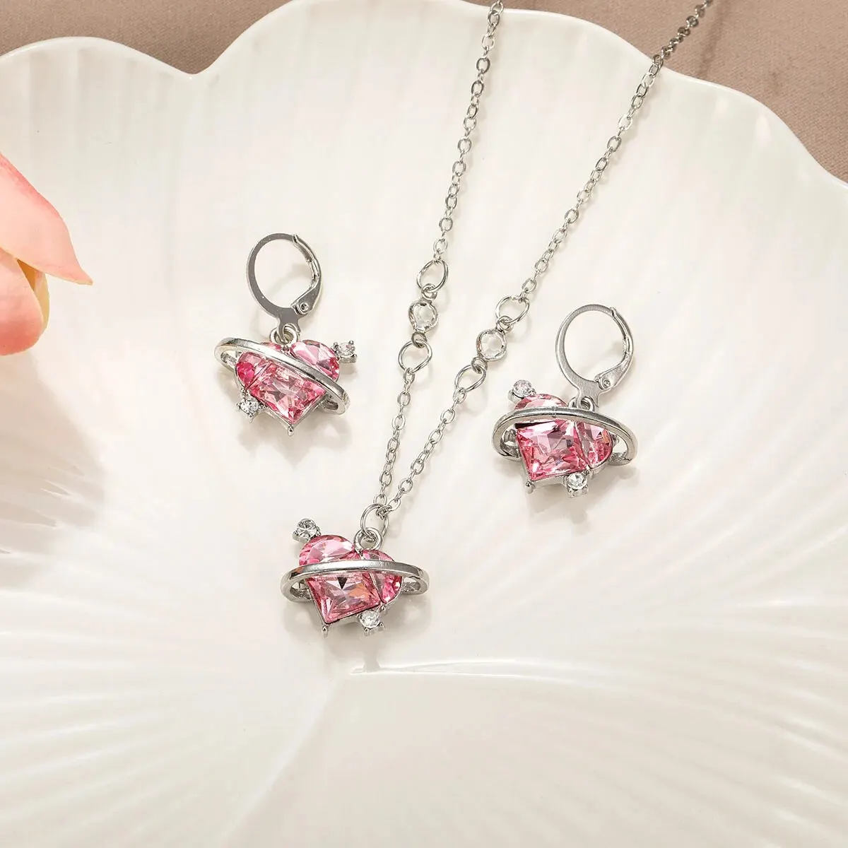 Y2K Crystal Pink Heart Necklac Earring Set Fashion Kpop Shiny Clavicle Chain for Women Girls New Trend Party Gifts Jewelry 2023