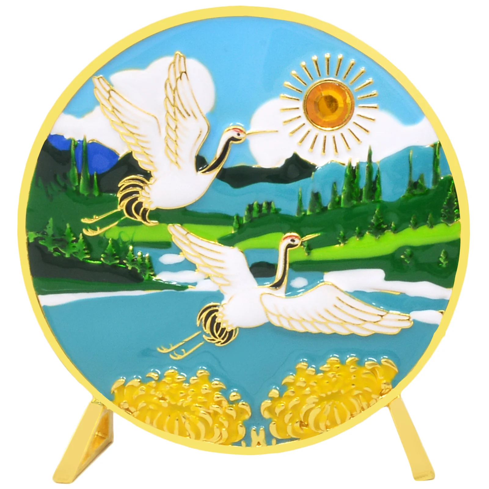 Feng Shui Double Cranes Aspiration ＆ Longevity Amulet Plaque Home Statue Office Decoration