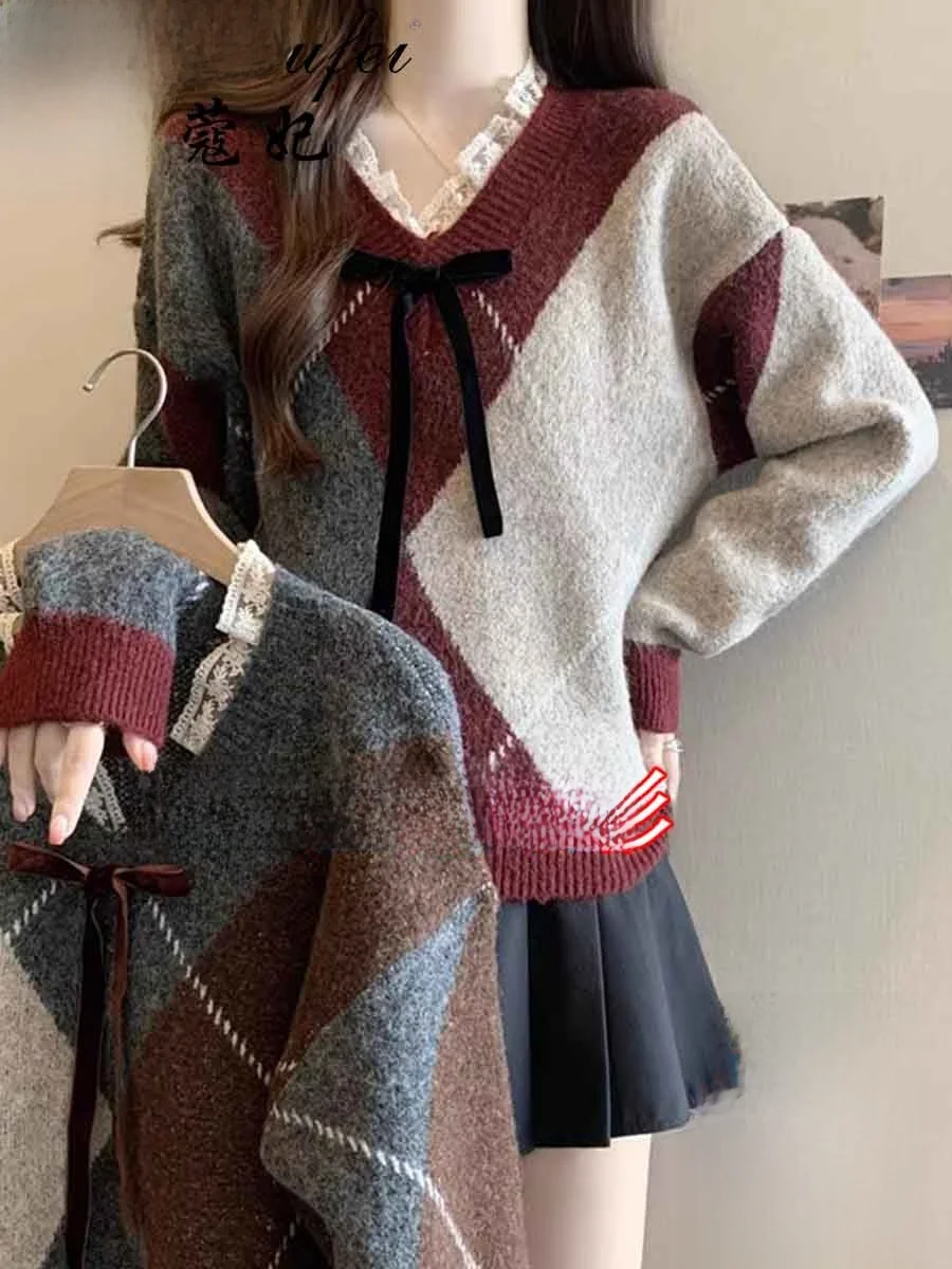 

Wine Red Diamond Pattern Knitted Sweater Women's Large Size Lace V-ne Vintage Top Spring Autumn Winter New Sle