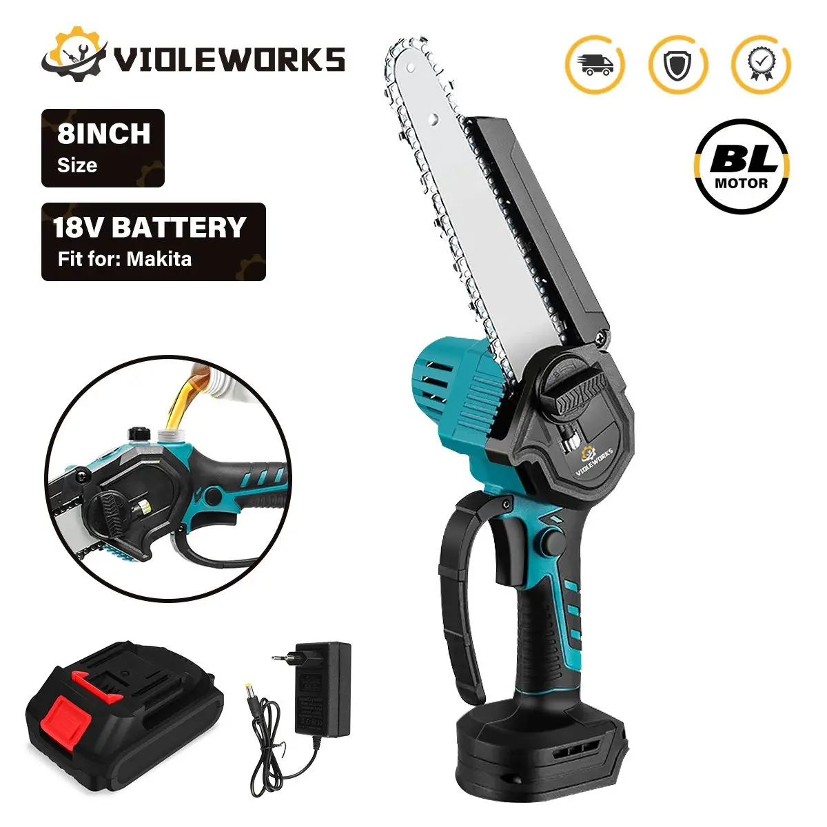 8 Inch Brushless Electric Chainsaw Automatic Oiler Handheld Garden Wood Logging Saw Tree Branches Cutter for Makita 18V Battery