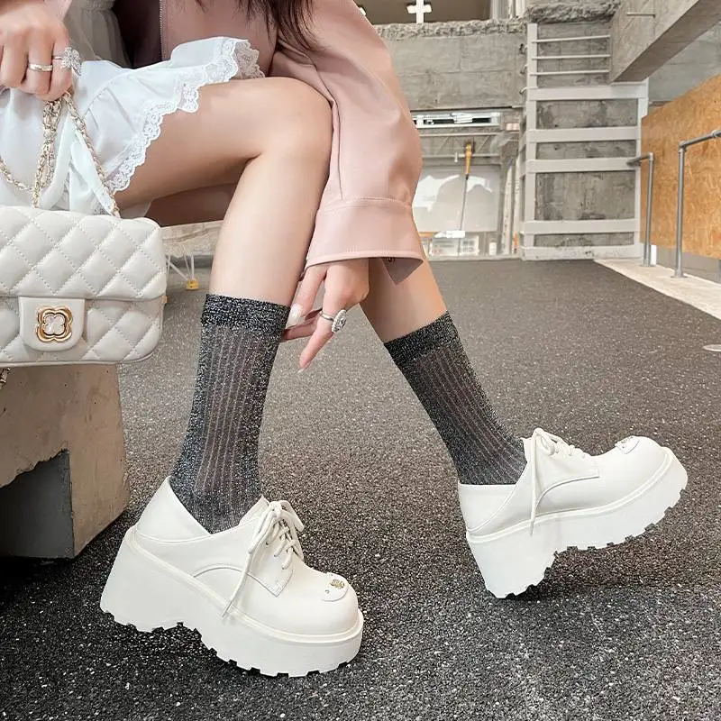 Krazing Pot Ins Cow Split Skin Spring Autumn Shoes Thick Bottom Crystal-studded Platform British School Women Deep Mouth Pumps