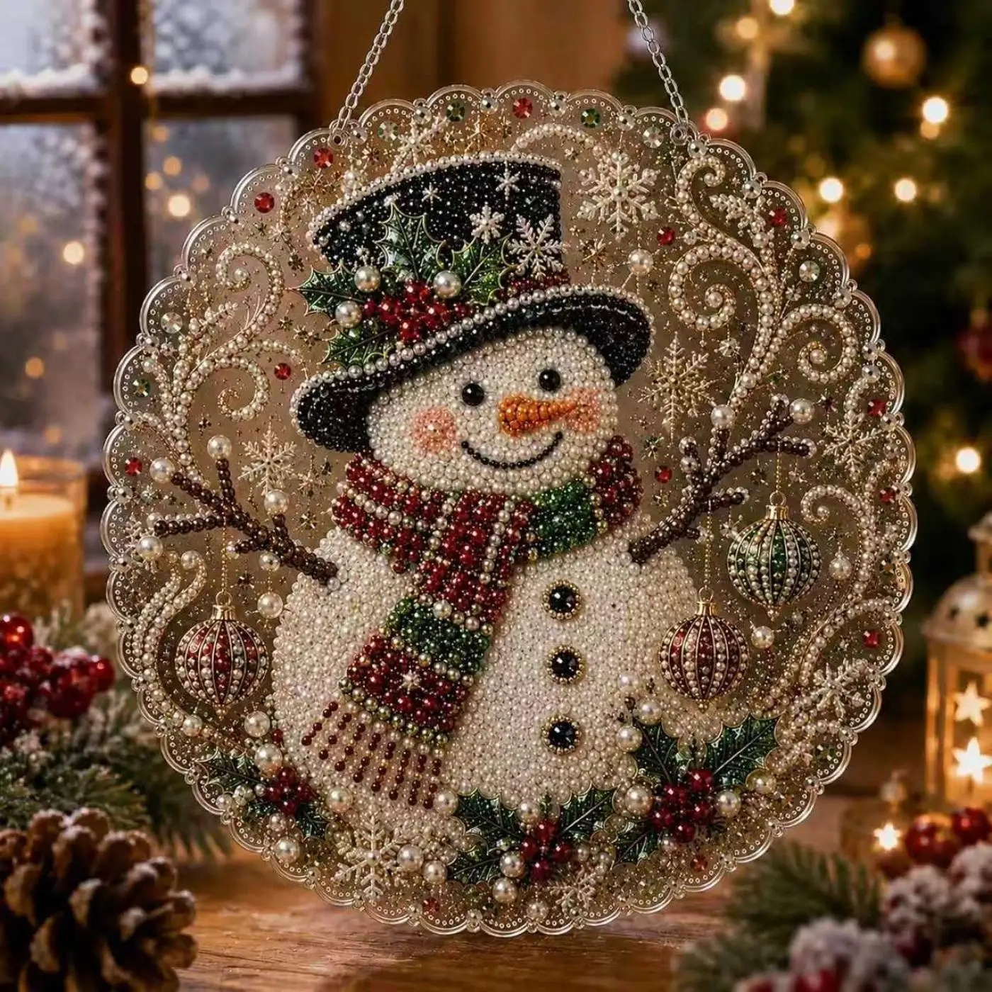 DIY Pearl Painting Suncatcher Kit Craft Acrylic Round Board With Lace Edge Pearl Beads Craft Christmas Diamond Toys Gifts