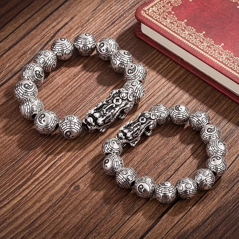 Feng Shui Men\'s Taiji Bagua Beads Bracelet Men Women Wristband Thai Silver Color Pixiu Wealth Good Luck Auspicious Jewelry Gifts