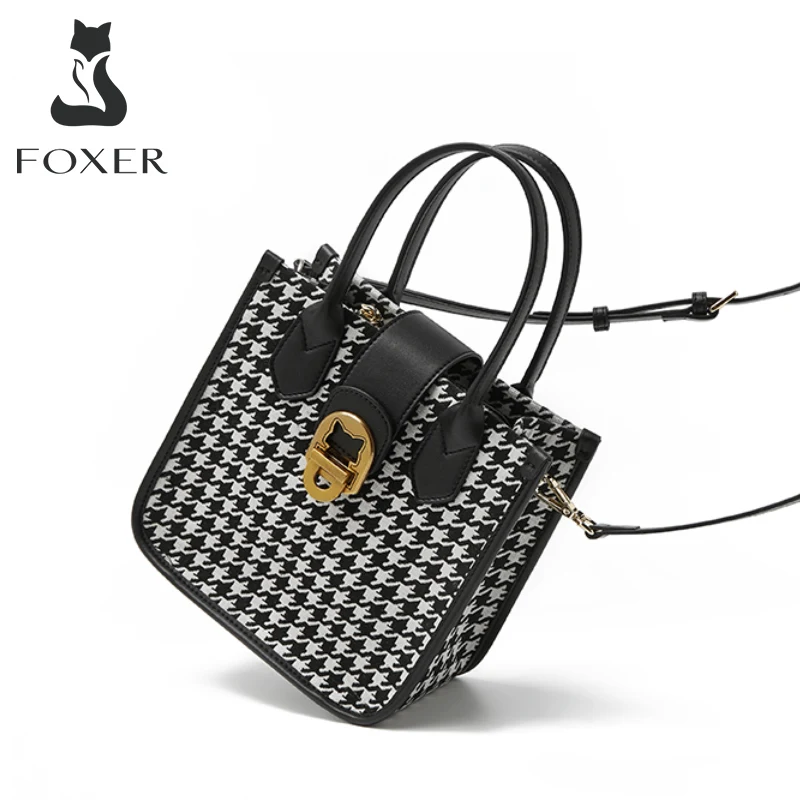 FOXER Summer Autumn Houndstooth Shoulder Messenger Bag High-Quality Simple Women\'s Small Handbag Bucket PU Leather Crossbody Bag