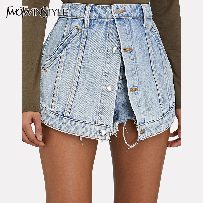 

TWOTWINSTYLE Solid Slimming Denim Short Pants For Women High Waist Patchwork Single Breasted Streetwear Shorts Skirts Female New