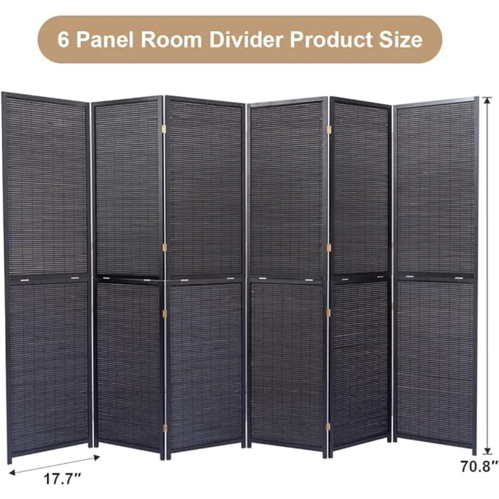 6-panel Bamboo Room Divider, 6-foot High Folding Privacy Screen, Bamboo Mesh Weaving Design, Gray