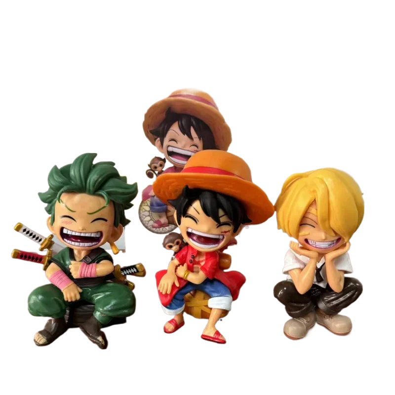 13 cm große Anime One Piece Actionfiguren im Q-Stil, sitzende Luffy, Zoro, Sanji, trendige Spielzeugpuppenmodelle, Auto-Ornamente, Geburtstagsgeschenke, Spielzeug.