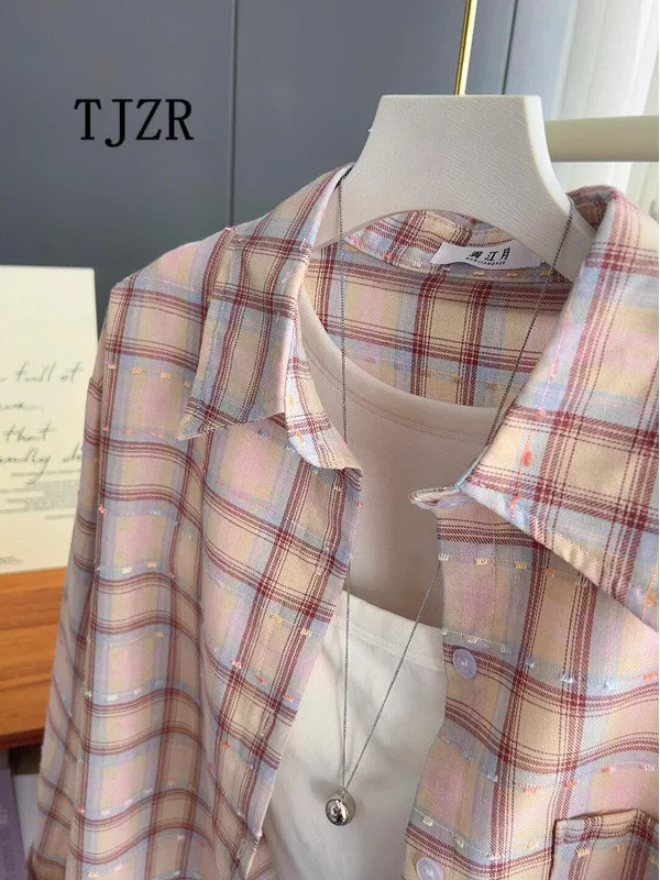 

Новая женская рубашка-жакет из чистого хлопка с длинным рукавом, весна-осень 2026, очень красивый розовый топ в клетку