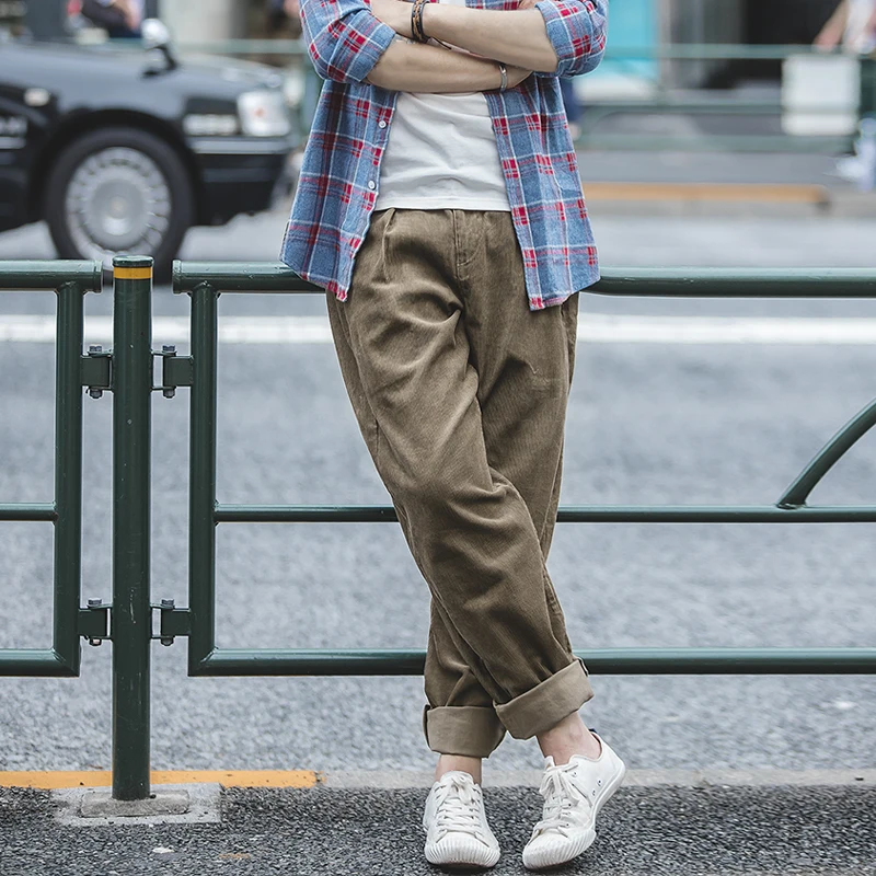 

Maden Vintage Corduroy Pants Men's Autumn and Winter Loose Fit Durable Straight Leg Pants Warm Classic Street Cotton Trousers