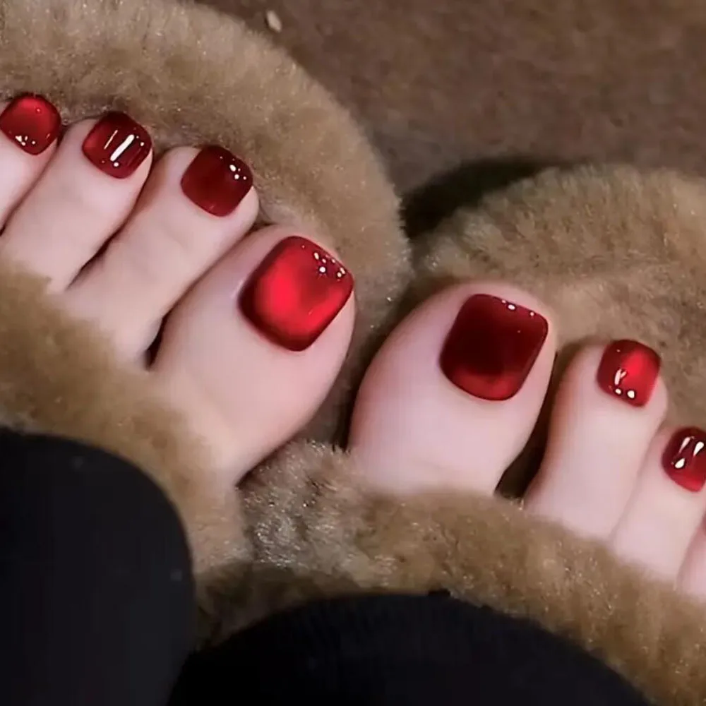 96 個のグリッターキャットアイプレスオンフットネイルピンク/レッド/ローズ/パープルスクエアフェイクトゥネイルフルカバー再利用可能な偽フットネイル用品 *