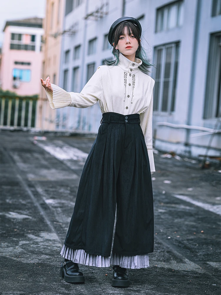 New Chinese Style National Style Han Elements Stand-up Collar Pleated Sleeves Shirt Embroidery White Shirt Blouse