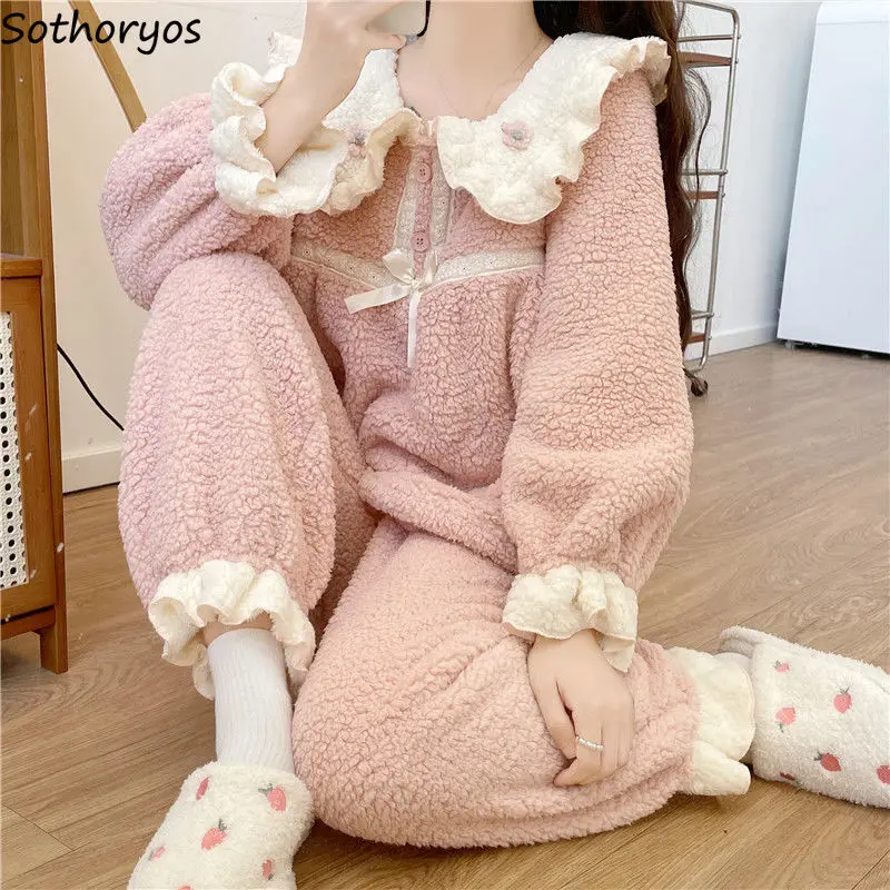 

Winter Pajama Sets Women Solid Simple Creativity All-match Warm Comfortable Lovely Korean Style Basics Prevalent Daily Modern