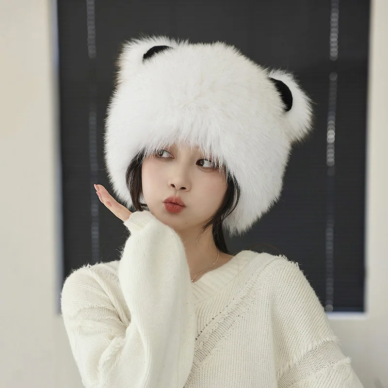 2024 Women's Real Fox Fur Ear Protection Hat, Skulies Beanies, Elastic Little Bear Ears, Cartoon, Keep Warm, Autumn and Winter