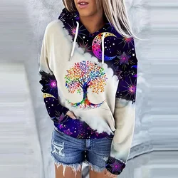 Moon Print Kangaroo Pocket Hoodie, Casual Long Sleeve Drawstring Hoodies Sweatshirt Women's Clothing