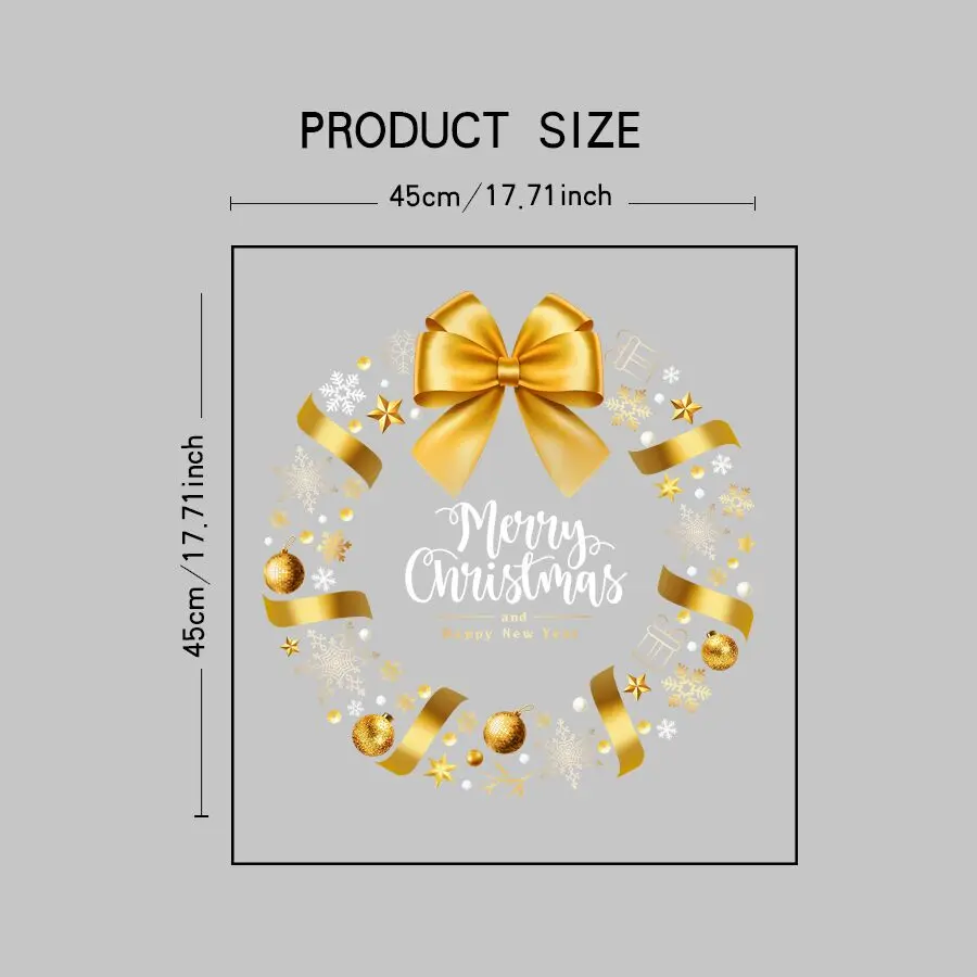 1 Sheet of 45× 45cm Gold Bow Christmas Wreath Static Cling Window Stickers, Snowflakes, Colorful Balls, Stars, Gift Boxes, Removable Static Cling Glass Stickers, Christmas and New Year Decorations for Shops, Cafes, and Home Windows